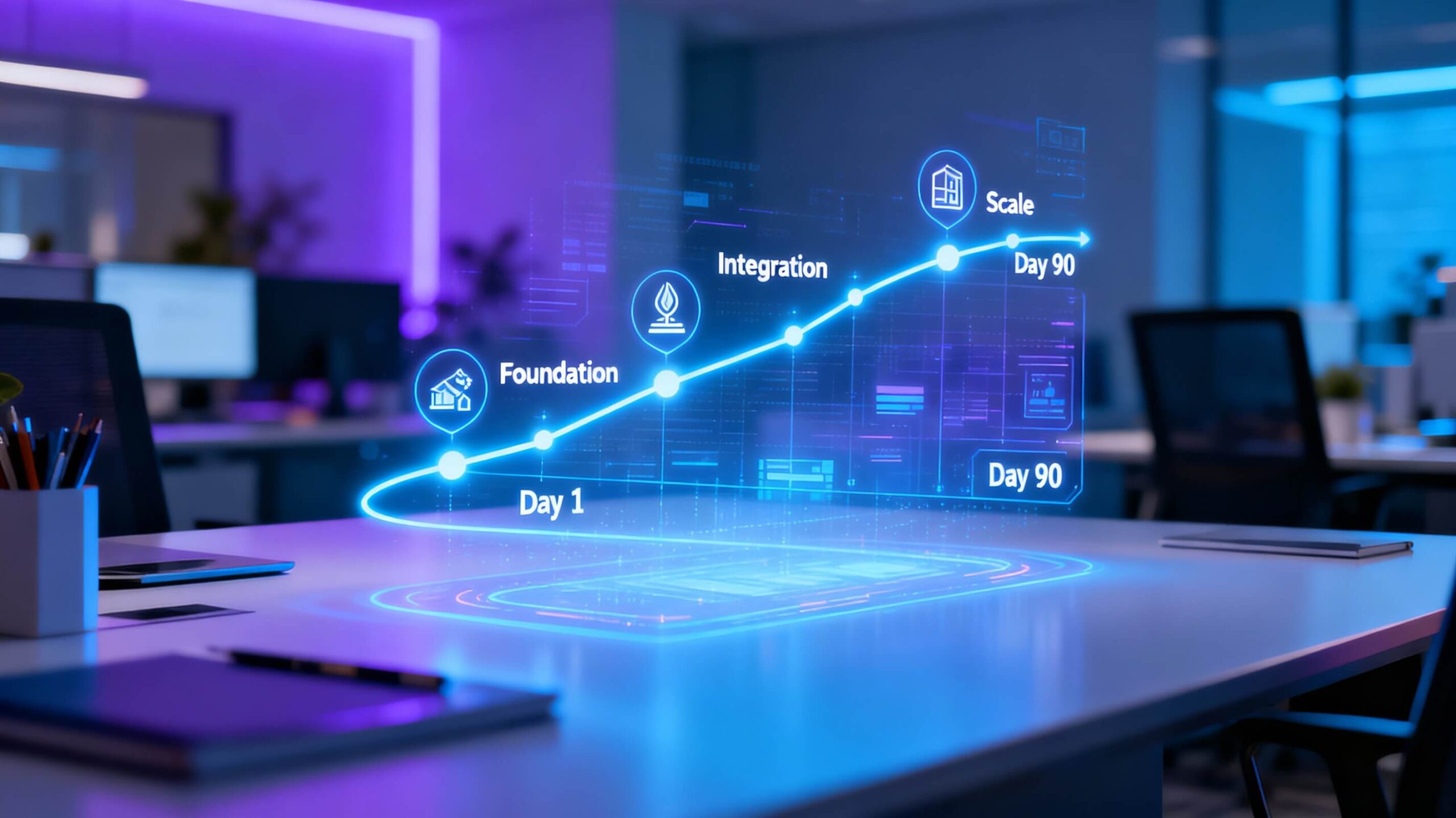 Hero image showing a 90-day AI marketing roadmap with glowing milestones for Foundation, Integration, and Scale phases.