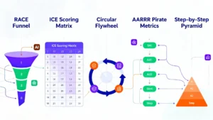Infographic of 5 labeled AI marketing frameworks: RACE, ICE, Flywheel, AARRR, Scalzon, each shown with clear visual shapes