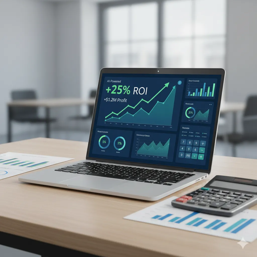 Business dashboard displaying AI marketing ROI calculations with upward trending graphs, percentages, and financial metrics on screen