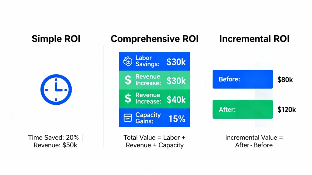 AI Marketing Strategy ROI: Calculate and Optimize Your Return on Investment Infographic comparing three AI marketing ROI methods with labeled sections for Simple ROI, Comprehensive ROI, and Incremental ROI