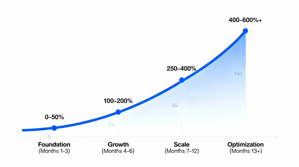 AI Marketing Strategy ROI: Calculate and Optimize Your Return on Investment Timeline graph showing AI marketing ROI curve from months 1-13 plus, starting at zero then rising exponentially through four phases
